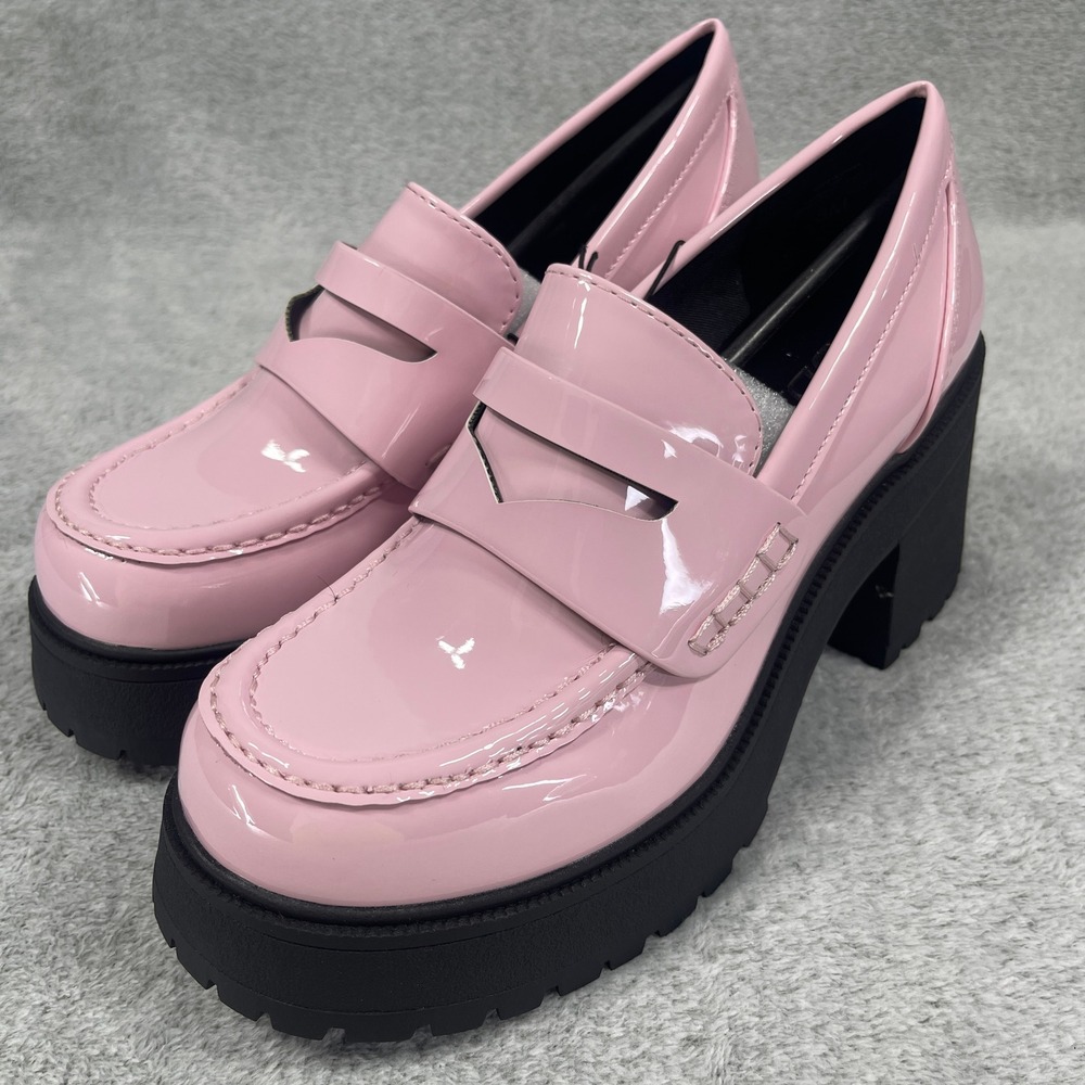 Soda AMP Platform Loafers Womens 8 Pink Patent Chunky Block Heel Lug Sole Preppy